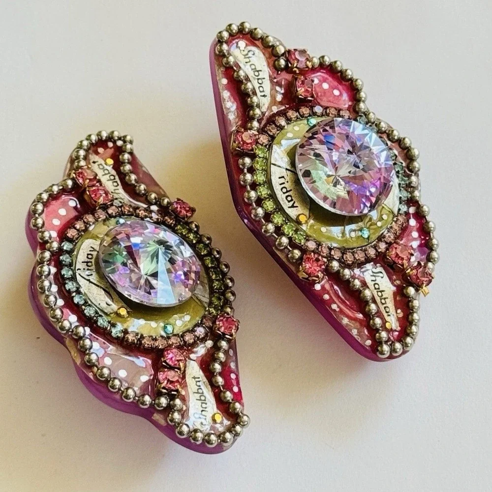 VTG Earrings Austrian Crystal rhinestone Rivoli clip Chunky Sparkly‎ Statement